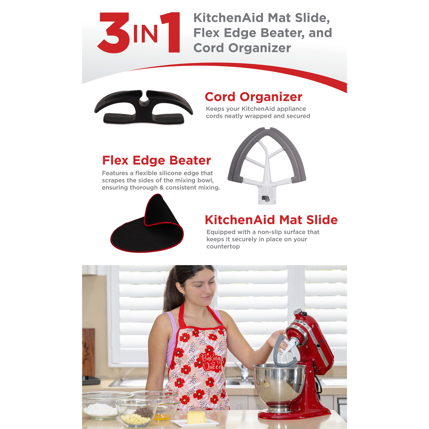 Bundle: Mat Slide, Flex Edge Beater, and Cord Organizer - Upgrade Your Kitchen Experience, Perfect for Home Chefs, Cooking Enthusiasts, and Gift Shoppers, Small, Black, Grey