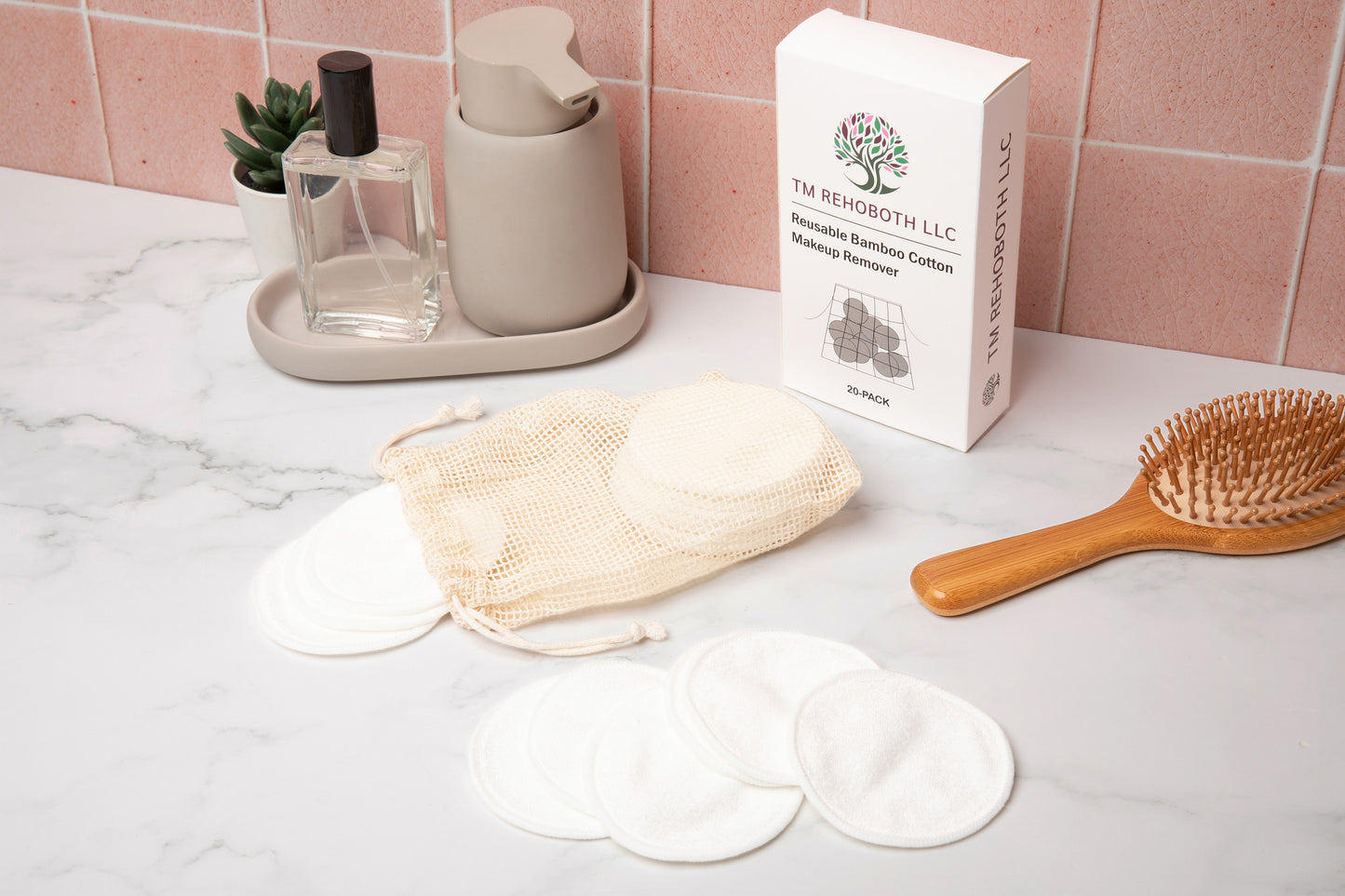 TM REHOBOTH Gentle on Skin Reusable Makeup Remover Pads - Eco-Friendly Organic Bamboo Cotton, 20-Pack with Laundry Bag, Washable, Sustainable, for Women, Skincare Lovers