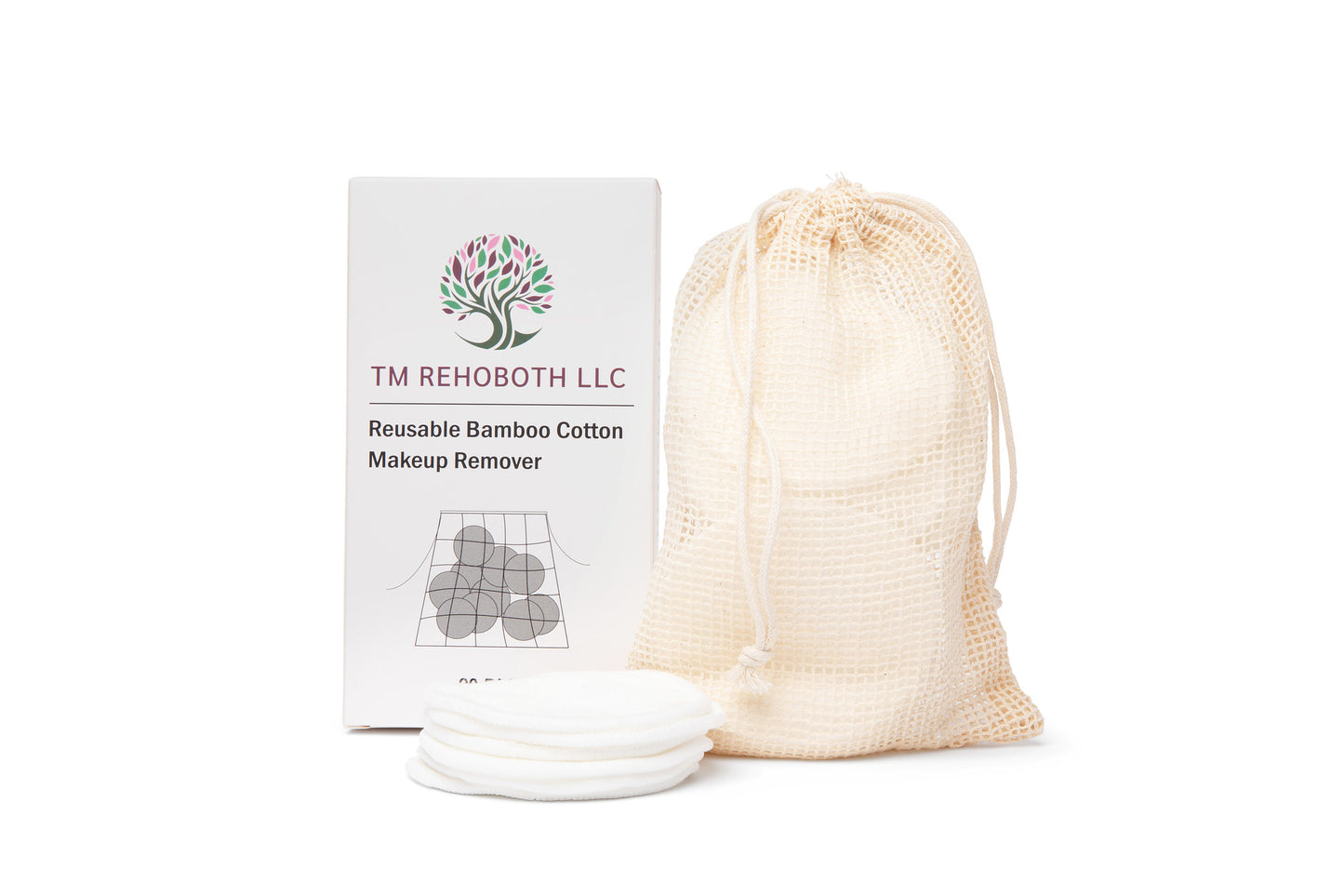 TM REHOBOTH Gentle on Skin Reusable Makeup Remover Pads - Eco-Friendly Organic Bamboo Cotton, 20-Pack with Laundry Bag, Washable, Sustainable, for Women, Skincare Lovers
