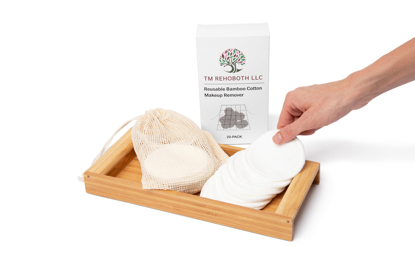 TM REHOBOTH Gentle on Skin Reusable Makeup Remover Pads - Eco-Friendly Organic Bamboo Cotton, 20-Pack with Laundry Bag, Washable, Sustainable, for Women, Skincare Lovers
