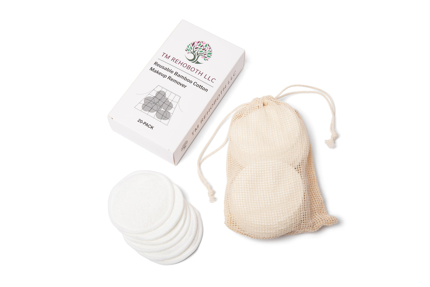 TM REHOBOTH Gentle on Skin Reusable Makeup Remover Pads - Eco-Friendly Organic Bamboo Cotton, 20-Pack with Laundry Bag, Washable, Sustainable, for Women, Skincare Lovers
