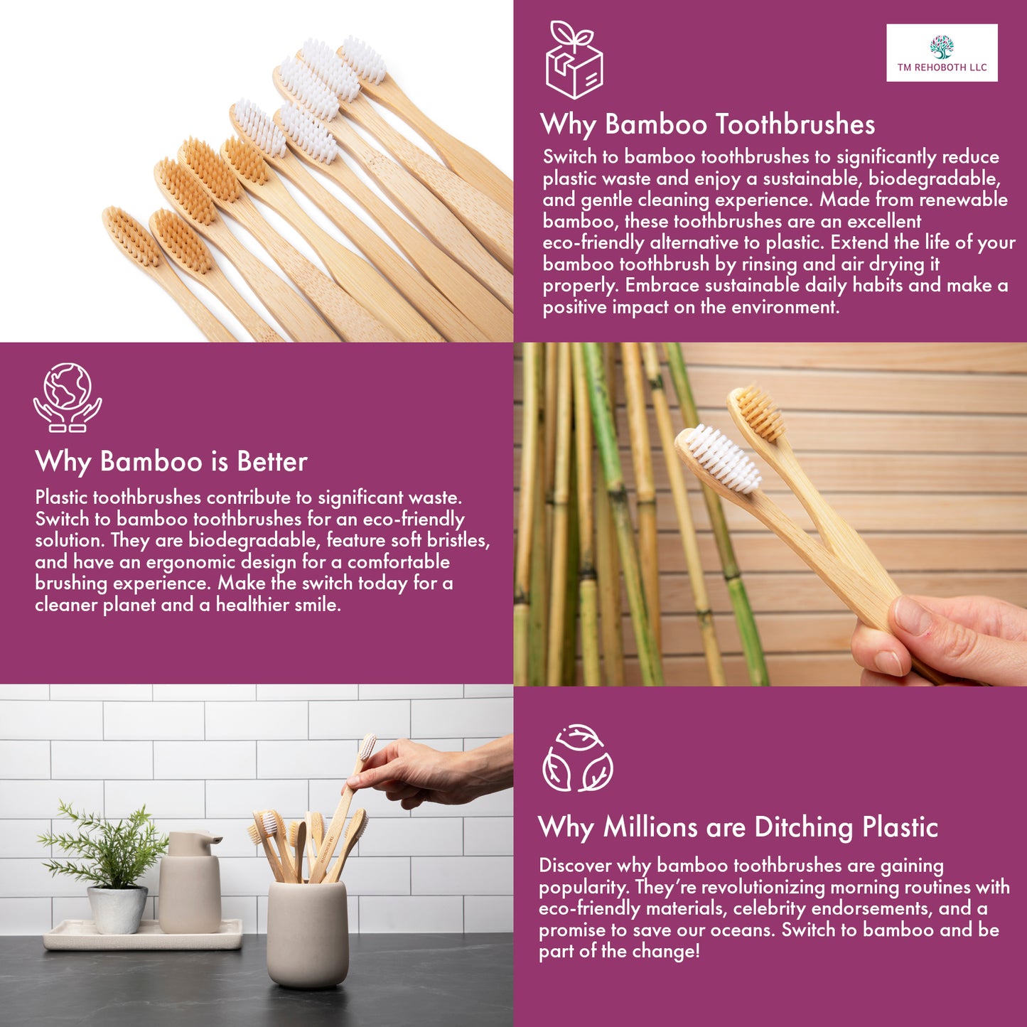 TM Rehoboth Eco-Friendly Bamboo Toothbrushes - Organic BPA-Free Soft Bristles for Natural Whitening, Biodegradable Handle, 10-Pack in Different Shapes