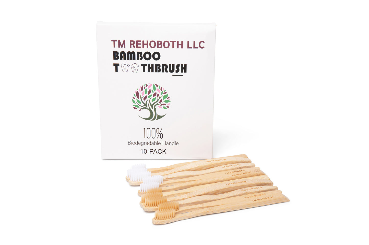 TM Rehoboth Eco-Friendly Bamboo Toothbrushes - Organic BPA-Free Soft Bristles for Natural Whitening, Biodegradable Handle, 10-Pack in Different Shapes